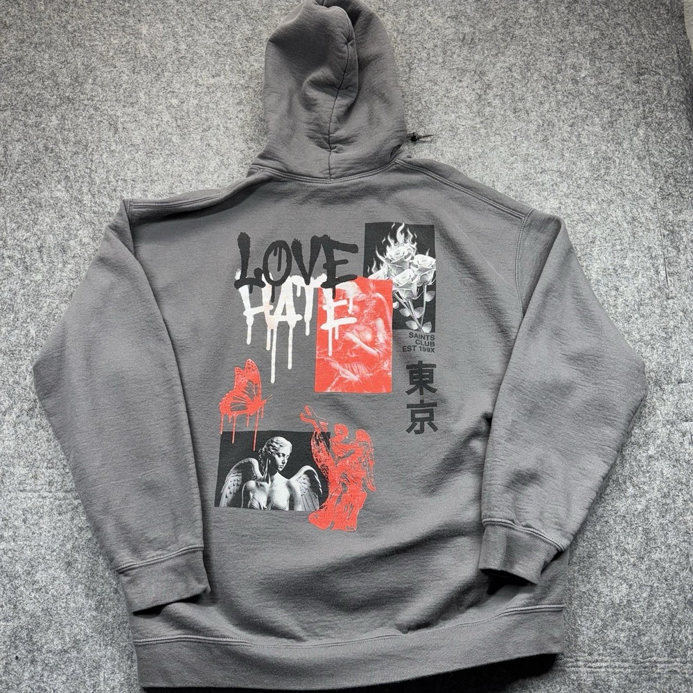 Popular Poison Love Hate Hoodie Unisex XL Gray Graphic Print Sweatshirt - Picture 2 of 7